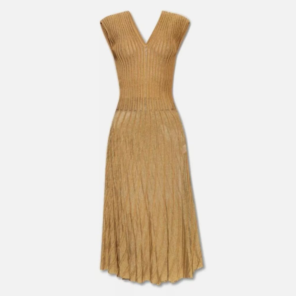 Alaia Women's Fit & Flare 3D Sheer V-neck Ribbed Lurex Dress Gold Maxi size 42